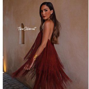 Zara Burgundy Fringe Midi Dress